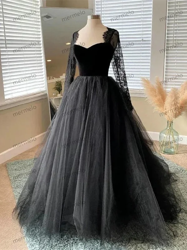 Black Tulle and Velvet Long Sleeves Formal Dress, Black Lace Prom Dress