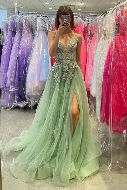 Dusty Sage A-line V Neck Appliques Tulle Long Prom Dress with Slit