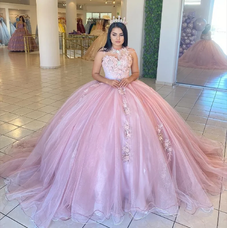 Pink Princess Quinceanera Dresses Ball Gown Sweetheart Tulle Appliques Sweet 16 Dresses 15 Años Custom