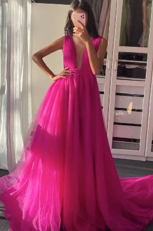 Plum red v neck tulle long prom dress tulle formal dress,DS2046