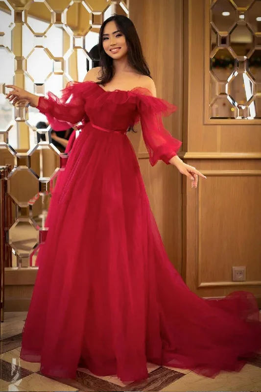 Red tulle long prom dress red tulle formal dress,DS2122